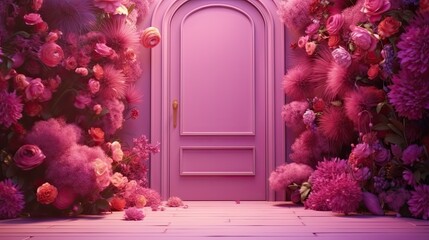  a purple door surrounded by pink flowers and a bunch of pink flowers on the floor in front of a pink wall with a pink door in the middle of it.  generative ai