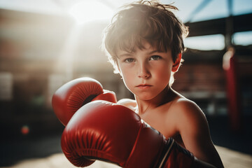 Young boy boxer with gloves fight on ring, sunlight