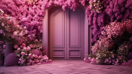 Fototapeta na wymiar a purple door surrounded by pink flowers in a room with a brick floor and a wall of pink and purple flowers on either side of the door is a purple door. generative ai