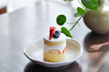 strawberry shortcake or strawberry cake with strawberry and blueberry topping