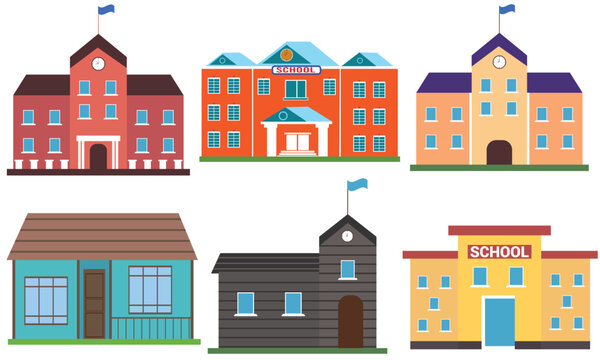 6 Set of school Building element. Modern buildings in a flat style. Vector illustration.
