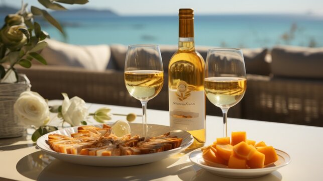 Wine by the Sea: Illustrate a crisp white wine bottle set against a backdrop of a serene seaside. 