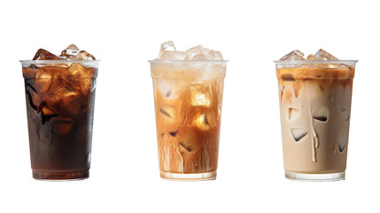 three ice coffee cups, Drink in Plastic Cup with Ice Cubes isolated in white transparent background.