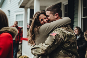 Soldier returning home after military mission of war. Emotional family reunion, girlfriend hugging American soldier young man boyfriend