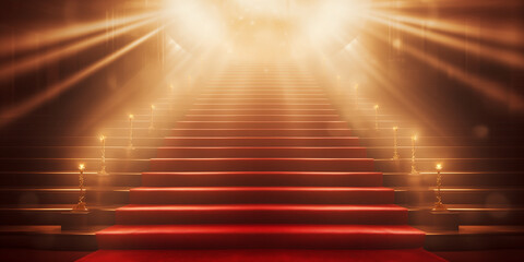 Red carpet and golden barrier with cinema light, event background - obrazy, fototapety, plakaty