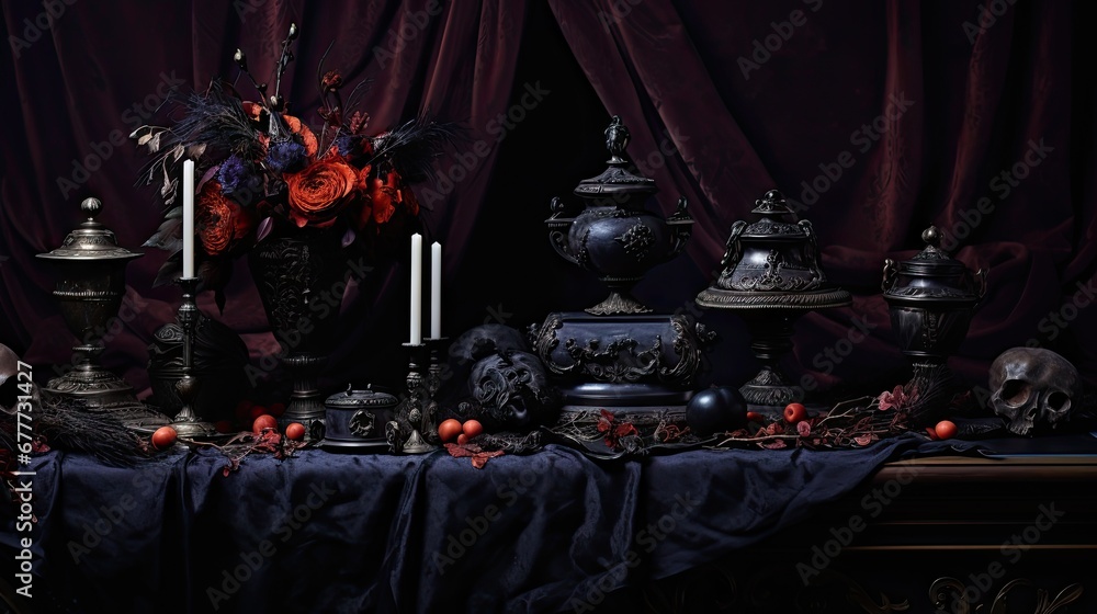 Poster  a table topped with a vase filled with flowers and skulls next to a window covered with red curtains and a black table cloth with a candle and a skull on it.  generative ai