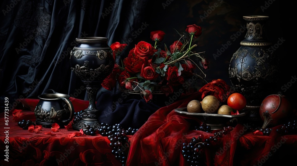 Poster a table topped with vases filled with flowers next to a bowl of fruit and a bowl of fruit on top of 