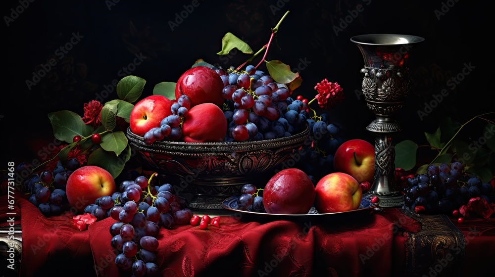 Poster a painting of apples and grapes in a bowl next to a silver goblet with a red cloth on a tablecloth w