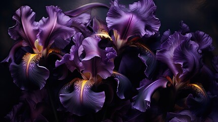  a bunch of purple flowers sitting on top of a black table next to a vase with a purple flower in the middle of the picture on a black background is a dark background.  generative ai - Powered by Adobe