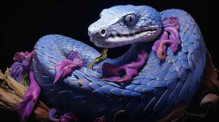 a statue of a blue snake with pink flowers on it's head and a black background with a black back ground and a black background with a black backdrop.  generative ai
