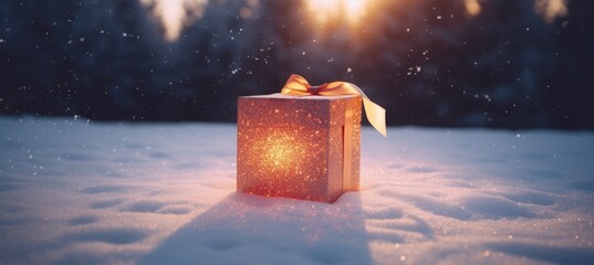  a present box sitting in the snow with a yellow bow on it's top, with the sun shining through the trees in the background. - obrazy, fototapety, plakaty