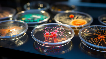 bio research with petri dishes and microbial colonies in laboratory - obrazy, fototapety, plakaty