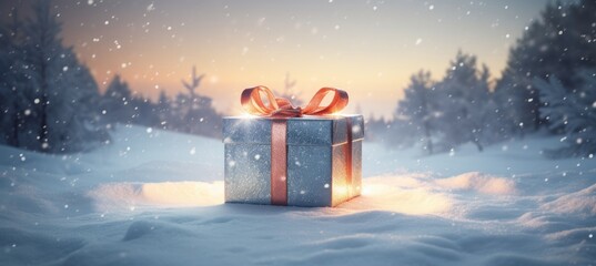  a gift box sitting in the snow with a red ribbon on it's top and a red bow on it's side. - obrazy, fototapety, plakaty