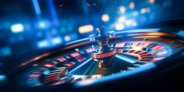 Banner Casino roulette wheel in motion, colorful background with bokeh light.