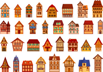 Traditional german houses icons set cartoon vector. Medieval village. Middle age - obrazy, fototapety, plakaty