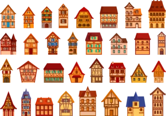 Fotobehang Traditional german houses icons set cartoon vector. Medieval village. Middle age © nsit0108