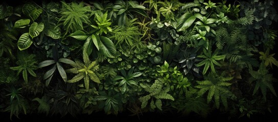  a group of plants that are next to each other in the same area of a wall that has a lot of leaves on it. - obrazy, fototapety, plakaty