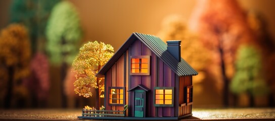  a toy house sitting on top of a table in front of a tree with a light coming out of it.