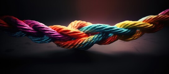  a group of multicolored ropes on a black background with a red light in the middle of the photo.