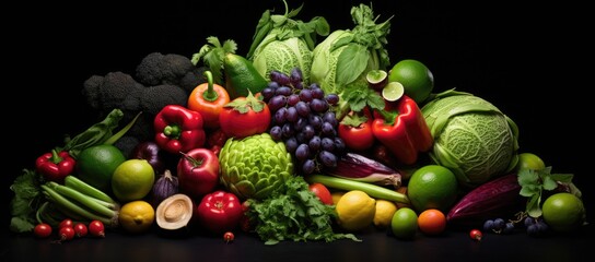  a pile of fruits and vegetables sitting on top of a black table next to a pile of broccoli.