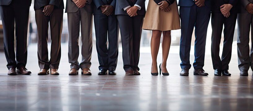  A Group Of People Standing Next To Each Other In Front Of A Glass Wall With Their Hands On Their Hipss.