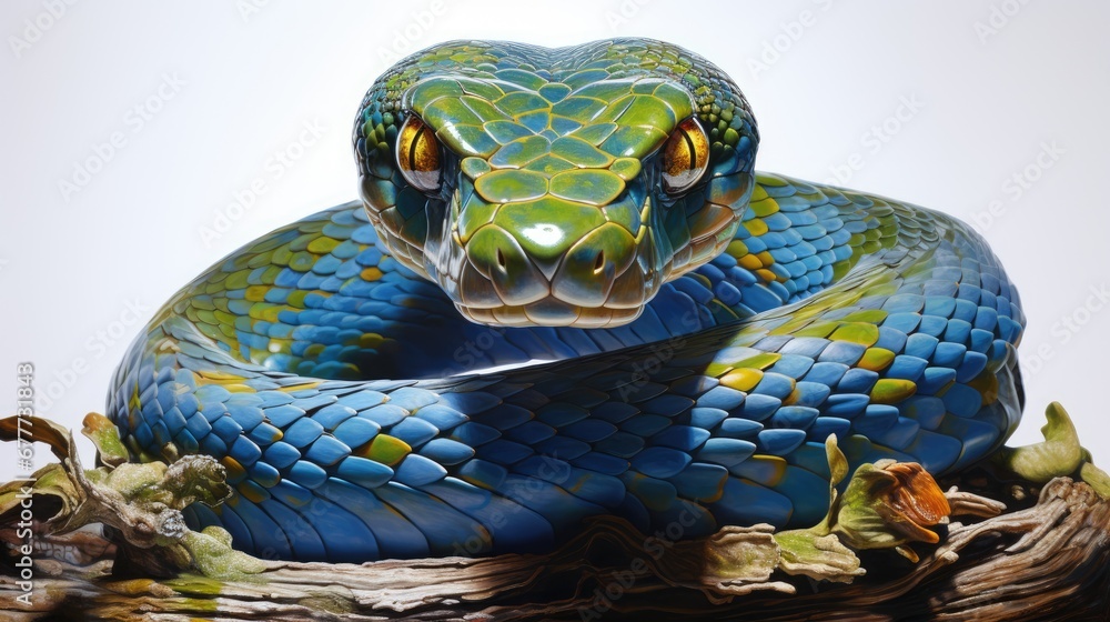 Poster a blue and green snake statue sitting on top of a tree branch in front of a white background with a 