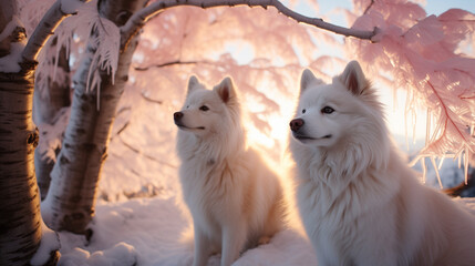 Two white malamute dogs in the snowy woods - obrazy, fototapety, plakaty