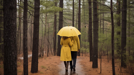 Couple walking in the woods holding an umbrella 