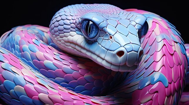  a close up of a pink and blue snake's head with it's tongue out and eyes wide open, on a black background with a black background.  generative ai