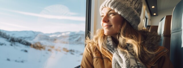 Portrait of young female tourist traveling by train snow landscpae Beautiful girl with a backpack sitting in the train. Traveling, journey