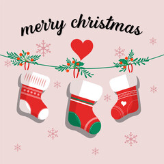 Merry christmas card background with christmas stockings hanging and snowflakes