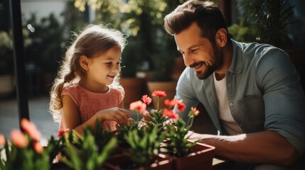 Cute Girl Planting Flowers With father At House Backyard home gardening concept parents teaching children to take care of plants at plant nursery - obrazy, fototapety, plakaty