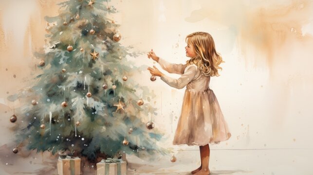  a painting of a little girl decorating a christmas tree with a star ornament on the top and a star on the bottom of the top of the tree.  generative ai