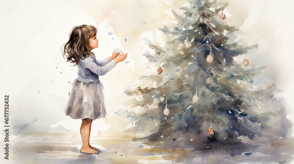 Poster a painting of a little girl standing in front of a christmas tree with ornaments hanging from the to