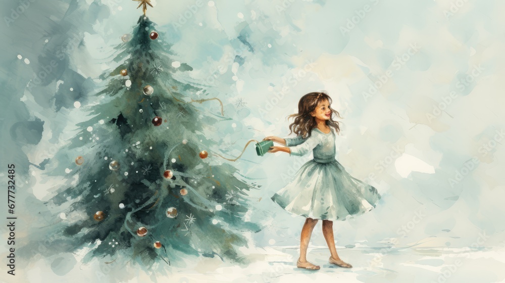 Poster a painting of a girl standing in front of a christmas tree with a star on its head and a string atta
