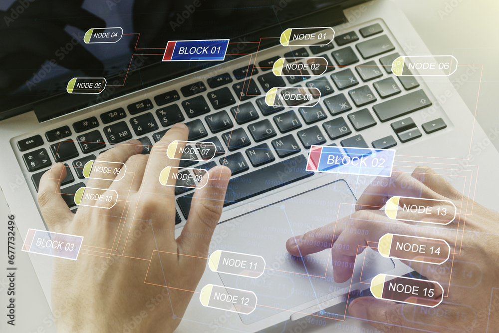 Fototapete multi exposure of abstract software development hologram and hands typing on computer keyboard on ba