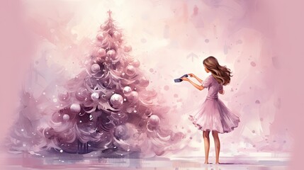  a painting of a girl in front of a christmas tree with a blow dryer in her hand and a spray bottle in her other hand in her other hand.  generative ai