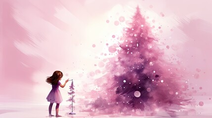  a little girl standing in front of a pink christmas tree with a star on the top of it, looking at a star on the bottom of the christmas tree.  generative ai