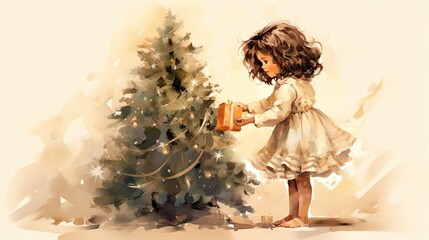  a painting of a little girl holding a present in front of a christmas tree with a star ornament on the top of it, and a star on the bottom of the tree.  generative ai