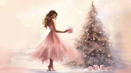  a painting of a girl in a pink dress holding a present in front of a christmas tree with presents on the floor and a star on the top of the tree.  generative ai
