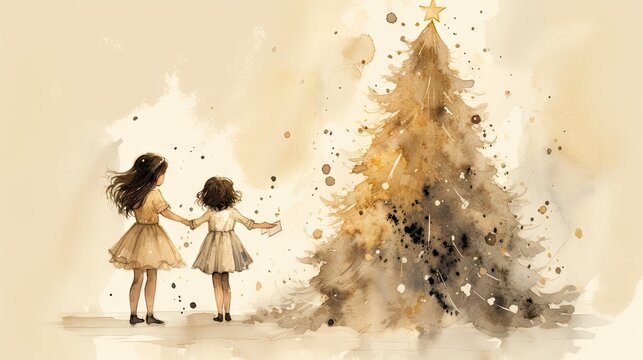  A Watercolor Painting Of Two Little Girls Standing In Front Of A Christmas Tree With A Star On The Top Of It And A Star On The Bottom Of The Tree.  Generative Ai