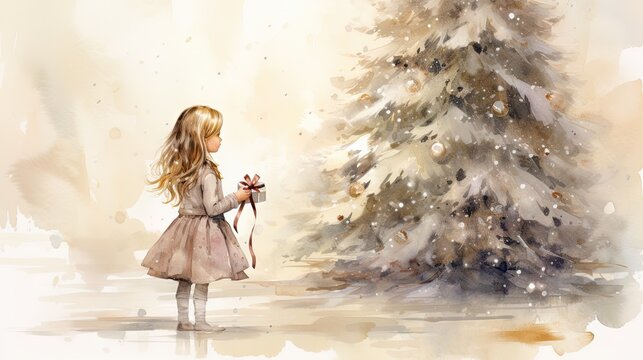 a watercolor painting of a little girl standing in front of a snow covered christmas tree with a red bow on it's head and holding a red ribbon.  generative ai