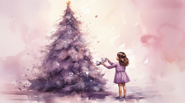  a painting of a little girl standing in front of a christmas tree with a star on the top of it and a star on the bottom of the christmas tree.  generative ai