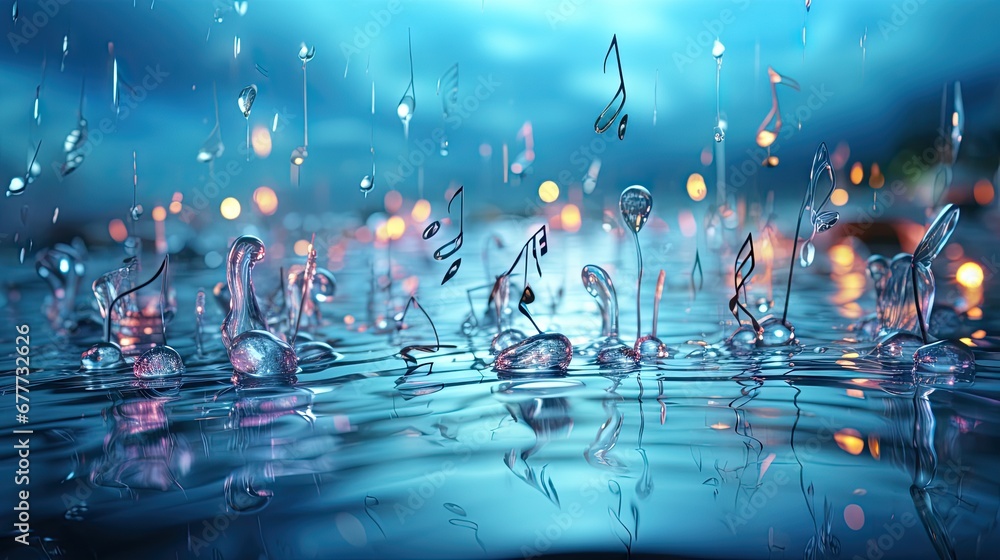 Poster a group of musical notes floating on top of a body of water with drops of water on the bottom of the