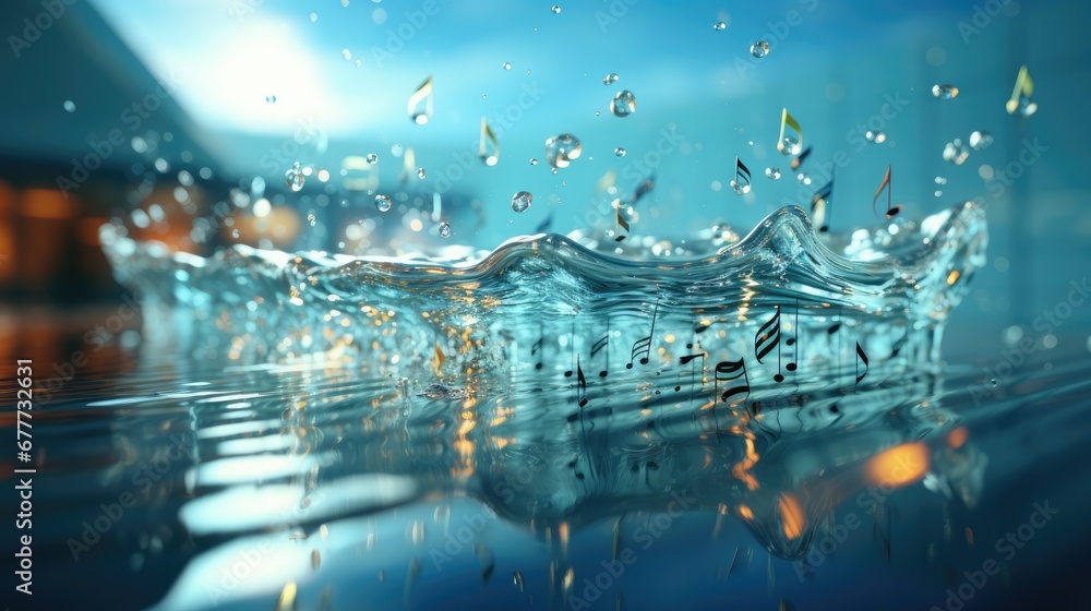 Poster a close up of water splashing on the surface of a body of water with a building in the background an