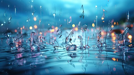 a group of musical notes floating on top of a body of water with drops of water on the bottom of the image and on top of the bottom of the image.  generative ai