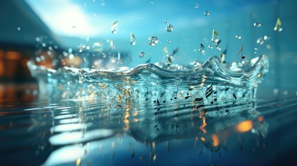  a close up of water splashing on the surface of a body of water with a building in the background and a blue sky with white clouds in the background.  generative ai