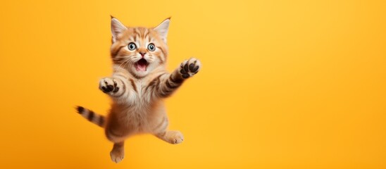funny little cat flying ion the air isolated on a vibrant orange background. Horizontal wallpaper banner card, large copy space for text. 