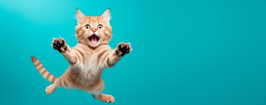 funny little cat flying ion the air isolated on a vibrant blue background. Horizontal wallpaper banner card, large copy space for text. 