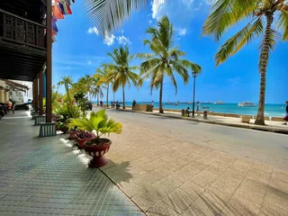 Fotobehang Beautiful street with palm trees overlooking the sea on a lovely summer day in Zanzibar, Tanzania © Wirestock